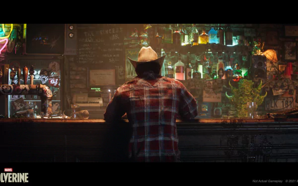 HD desktop wallpaper of Wolverine from Marvel's video game, depicting him at a dimly lit bar, facing away from the camera.