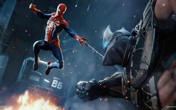 HD desktop wallpaper from Marvel's Spider-Man Remastered, featuring Spider-Man in mid-action against a robotic enemy.
