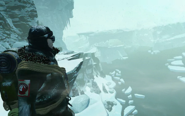 HD desktop wallpaper featuring a character from the video game Edge of Nowhere, overlooking a snowy, mountainous landscape.