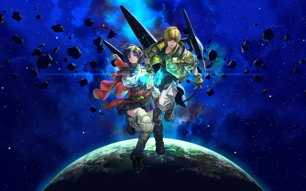 HD desktop wallpaper from Star Ocean: The Second Story R, featuring two main characters with swords standing on a planet against a starry space background.