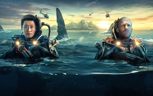 HD PC desktop wallpaper and background for the movie Meg 2: The Trench — two divers in high‑tech suits float in the sea as helicopters hover and a massive shark fin looms.