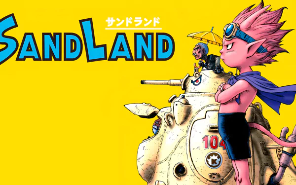HD desktop wallpaper featuring characters from the anime Sand Land with a vibrant yellow background.