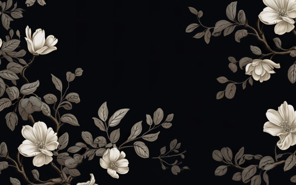Elegant dark floral wallpaper featuring white flowers and leaves with a black aesthetic design, perfect for an HD desktop background.