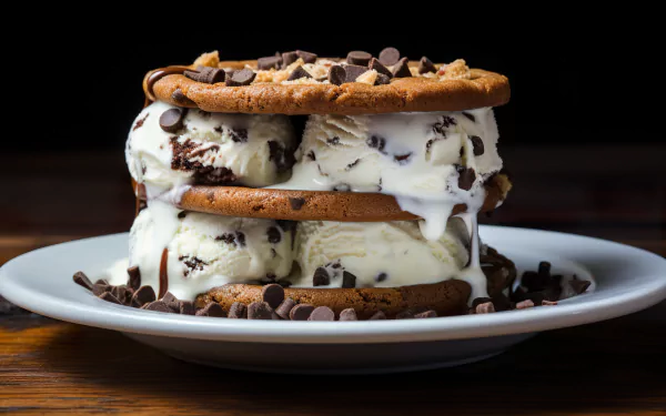 HD wallpaper featuring a tempting ice cream sandwich with chocolate chip cookies and vanilla ice cream, topped with chocolate chips, on a white plate.