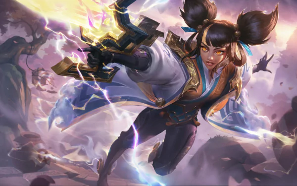 Zeri from League of Legends charges forward amid electric energy in this dynamic 4K Ultra HD video game desktop wallpaper.