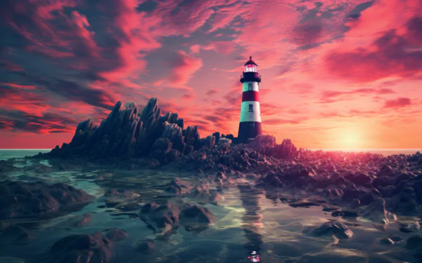 A stunning HD backdrop featuring a man-made lighthouse on rocky shorelines, bathed in vibrant colors of a sunset, showcasing the beauty of AI art. 