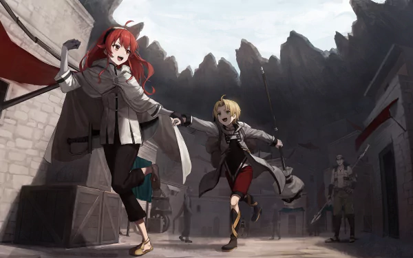 Eris Boreas Greyrat and Rudeus Greyrat, accompanied by Ruijerd Superdia, explore a vibrant setting in this HD wallpaper inspired by *Mushoku Tensei: Jobless Reincarnation*.