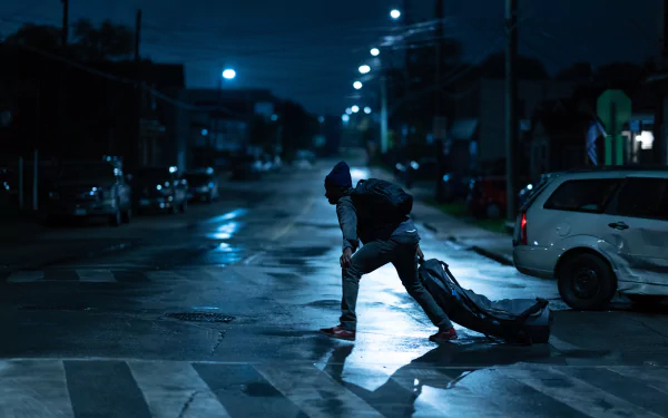 Mysterious figure dragging a heavy bag on a desolate urban street at night - HD wallpaper with a culprits theme.