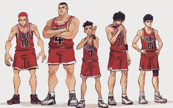 HD wallpaper featuring The First Slam Dunk characters Hanamichi Sakuragi, Akagi Takenori, Miyagi Ryota, Kaede Rukawa, and Hisashi Mitsui in basketball uniforms posing for a team illustration.