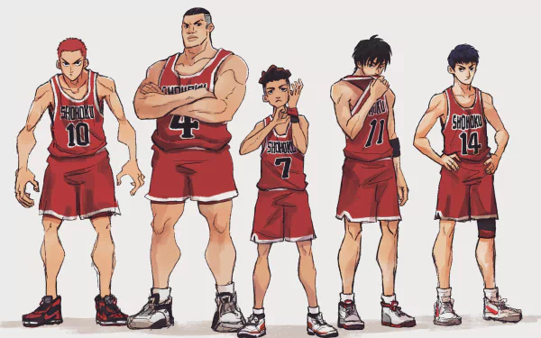 HD desktop wallpaper of THE FIRST SLAM DUNK movie characters Hanamichi Sakuragi, Akagi Takenori, Miyagi Ryota, Kaede Rukawa, and Hisashi Mitsui in basketball jerseys.