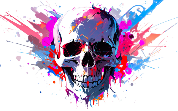 Colorful abstract skull artwork HD desktop wallpaper with vibrant splashes of paint.
