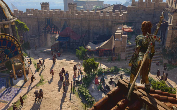 HD desktop wallpaper featuring a scene from Baldur's Gate 3 with a bustling medieval marketplace and a character overlooking from a high vantage point.