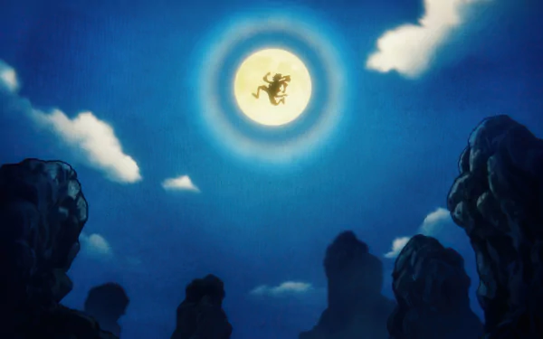 HD wallpaper featuring Monkey D. Luffy in Gear 5, silhouetted by a bright moon, from the anime One Piece.