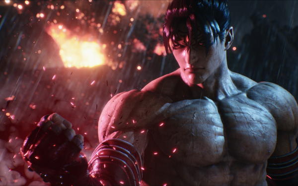 HD wallpaper of Jin Kazama from Tekken 8 showcasing the character in dynamic lighting with sparks flying in the background.