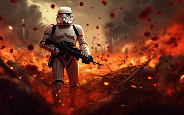 HD wallpaper featuring a Star Wars stormtrooper with blaster on a fiery battlefield background, ideal for desktop.