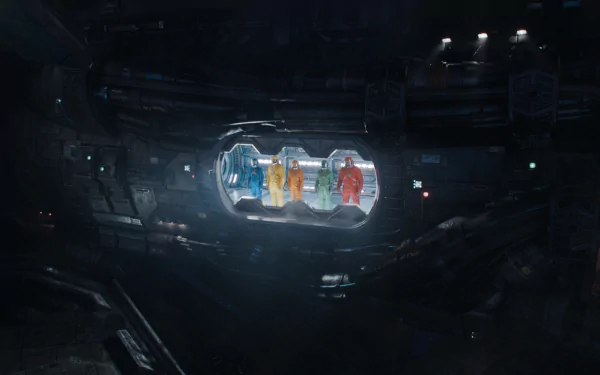 High-definition desktop wallpaper featuring a scene from 'Guardians of the Galaxy Vol. 3,' showcasing characters in a spaceship's control room with ambient lighting.