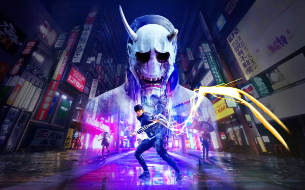 HD desktop wallpaper from GhostWire: Tokyo showcasing a dynamic scene with a character battling a large spectral entity in a neon-lit Tokyo street.