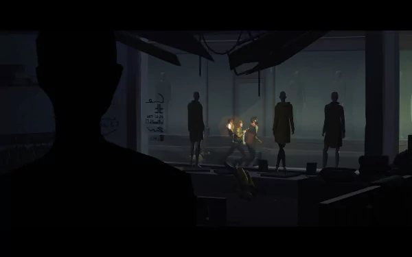 Silhouetted figures observing others around a fire in a dark, moody Somerville-themed HD desktop wallpaper.