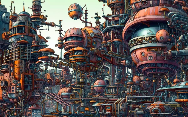 A detailed 4K Ultra HD sci-fi cityscape featuring intricate floating and grounded futuristic structures in a dense, industrial urban environment.
