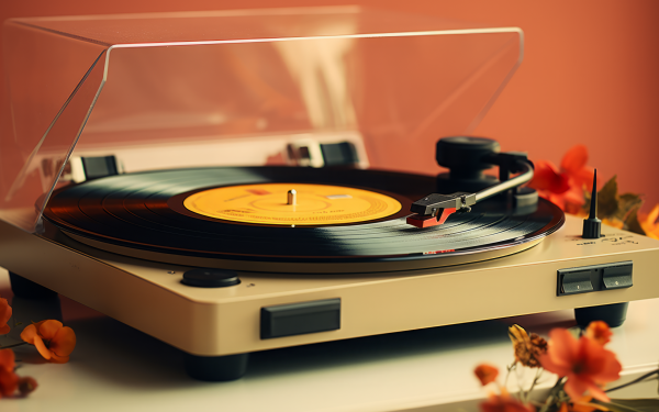 HD desktop wallpaper featuring a close-up of a vintage turntable playing a vinyl record with a warm orange backdrop, perfect for music enthusiasts' background.