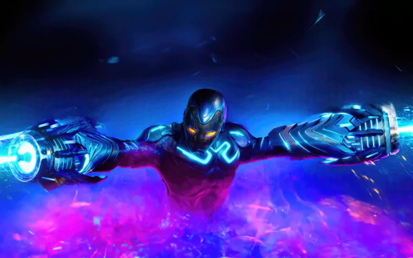 4K Ultra HD PC desktop wallpaper featuring Blue Beetle from the movie, glowing with vibrant blue energy in a dynamic action pose against a dark background.