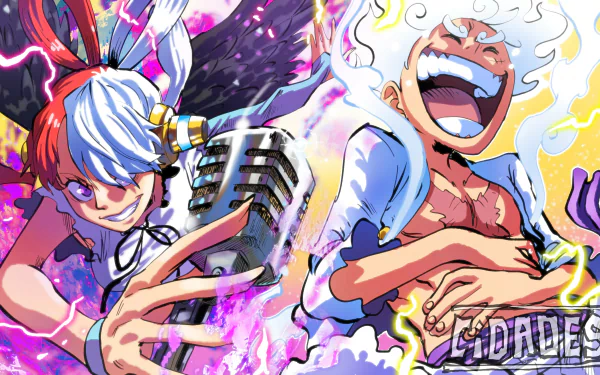 HD desktop wallpaper of Monkey D. Luffy in Gear 5 and Uta from One Piece, featuring vibrant, dynamic artwork with intense expressions and vivid colors.