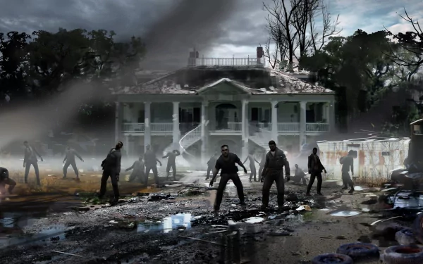 A haunting HD wallpaper from Left 4 Dead 2, featuring ominous figures in a desolate landscape, with a dilapidated house and dark, stormy skies in the background.