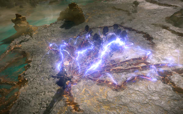 HD desktop wallpaper featuring a dynamic scene from Path of Exile 2 with vibrant lightning effects.