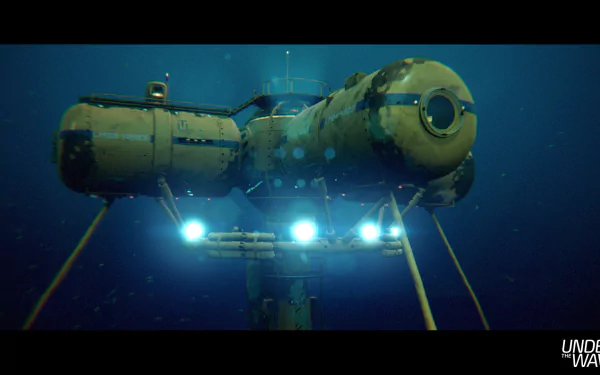 HD desktop wallpaper featuring a submarine exploring underwater with the text 'Under the Waves'.