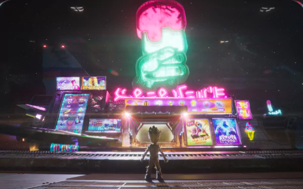 HD desktop wallpaper of Baby Groot standing in front of vibrant neon signage, capturing the essence of the 'I Am Groot' theme.