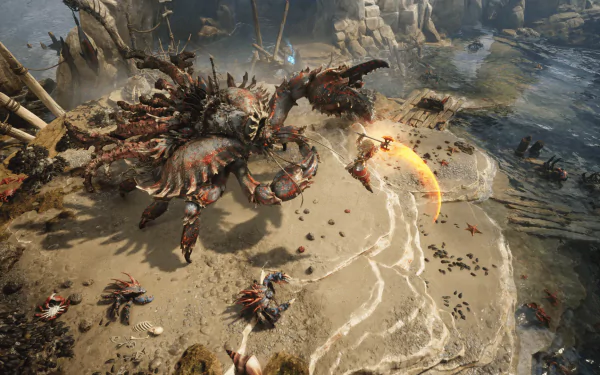 HD wallpaper of Titan Quest II featuring intense battle scene with a giant crab monster on a coastal battlefield.