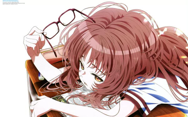 Ai Mie from the anime The Girl I Like Forgot Her Glasses holding her glasses, depicted in a detailed 4K Ultra HD PC desktop wallpaper and background.