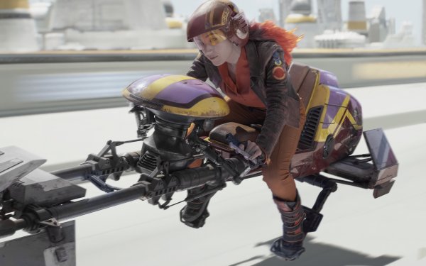 HD wallpaper of character resembling Sabine Wren from Star Wars riding a speeder bike, suitable for desktop background.
