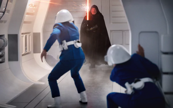 HD wallpaper featuring an intense scene with characters in a spaceship corridor, one wielding a red lightsaber and others in defensive stances.