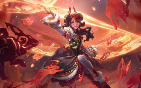 HD desktop wallpaper of Gwen from League of Legends, depicted in dynamic battle stance amidst swirling red magical energy.