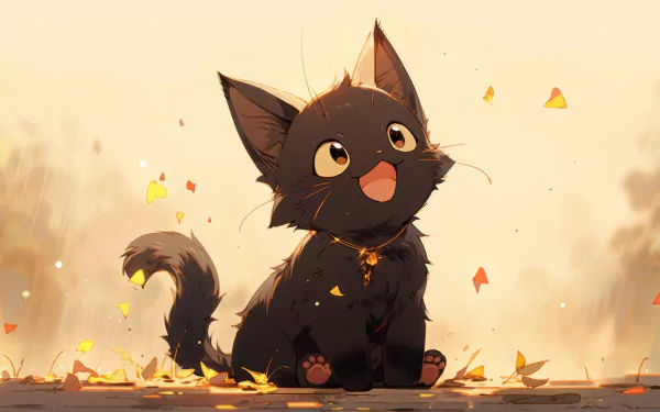 A charming black cat with large eyes and a playful expression sits amidst falling leaves, creating a delightful HD desktop wallpaper and background.