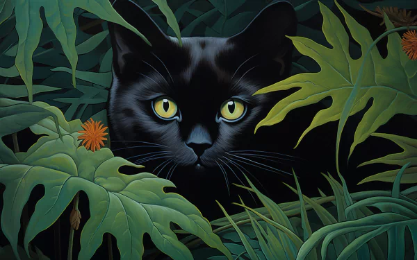 HD wallpaper of a black cat peeking through lush green foliage with vibrant yellow eyes.