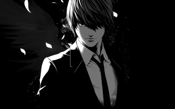 HD desktop wallpaper featuring Light Yagami from the anime Death Note, depicted in a dramatic black and white style with abstract dark wings in the background.