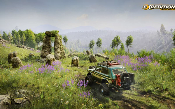 HD desktop wallpaper featuring an off-road vehicle from Expeditions: A MudRunner Game driving through a picturesque landscape with ancient stone structures and wildflowers.
