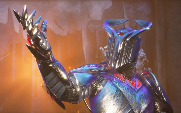 HD wallpaper of an armored character from the Immortals of Aveum game, with a glowing gauntlet, set against a warm, illuminated backdrop.