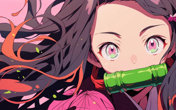 HD desktop wallpaper of Nezuko Kamado from Demon Slayer: Kimetsu no Yaiba, featuring her vibrant eyes and signature bamboo muzzle amid swirling pink accents.