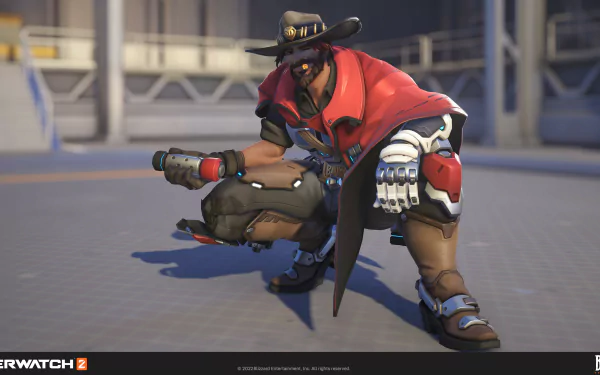 HD wallpaper of Cassidy from Overwatch 2 crouched down with a blaster, set against a futuristic backdrop.