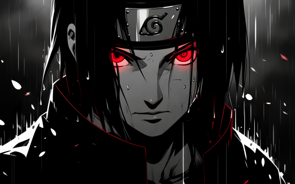 HD wallpaper featuring Itachi Uchiha from Naruto with glowing red eyes set against a dark, rain-streaked background for desktop use.