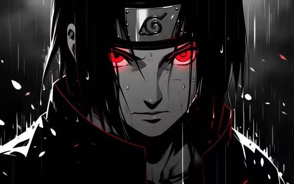 HD wallpaper featuring Itachi Uchiha from Naruto, depicted with red eyes and a somber expression, set against a dark, rainy background.