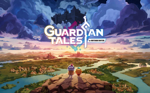 HD desktop wallpaper of Guardian Tales video game featuring two characters overlooking a colorful landscape with a floating castle in the sky.