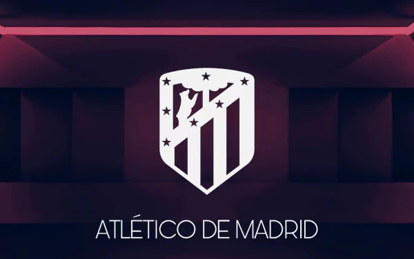 Atlético de Madrid crest centered on a dark geometric backdrop with magenta lighting — 2K Quad HD PC desktop wallpaper showcasing the club emblem and name.