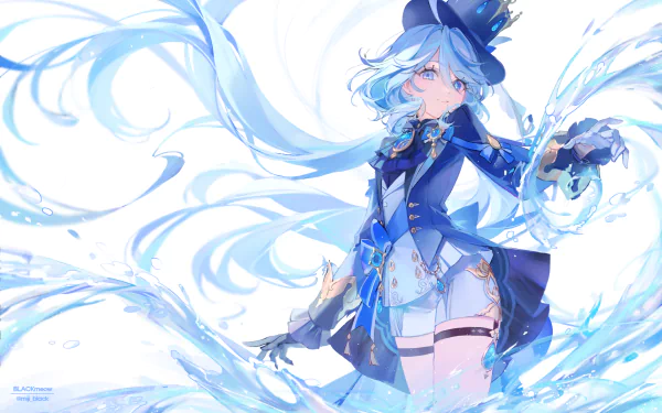 HD PC desktop wallpaper featuring Furina from the video game Genshin Impact, showcasing her dynamic pose and flowing water elements in vibrant blue tones.