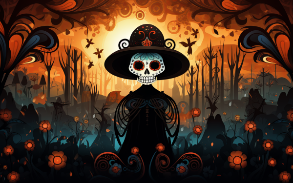 HD Day of the Dead themed desktop wallpaper featuring a stylized skull wearing a sombrero amidst ornate floral patterns and a sunset background.