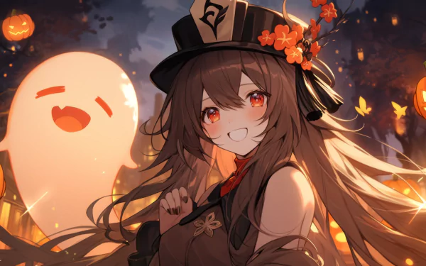 HD desktop wallpaper featuring an anime girl in a Halloween setting with festive lights, pumpkins, and a cheerful ghost.