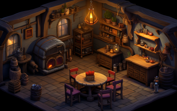 HD isometric medieval tavern interior art for desktop wallpaper and background.